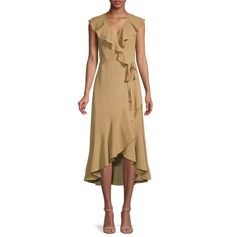 Max Studio Flowy Black and Yellow Geometric Print Ruffled Wrap and Tie Dress